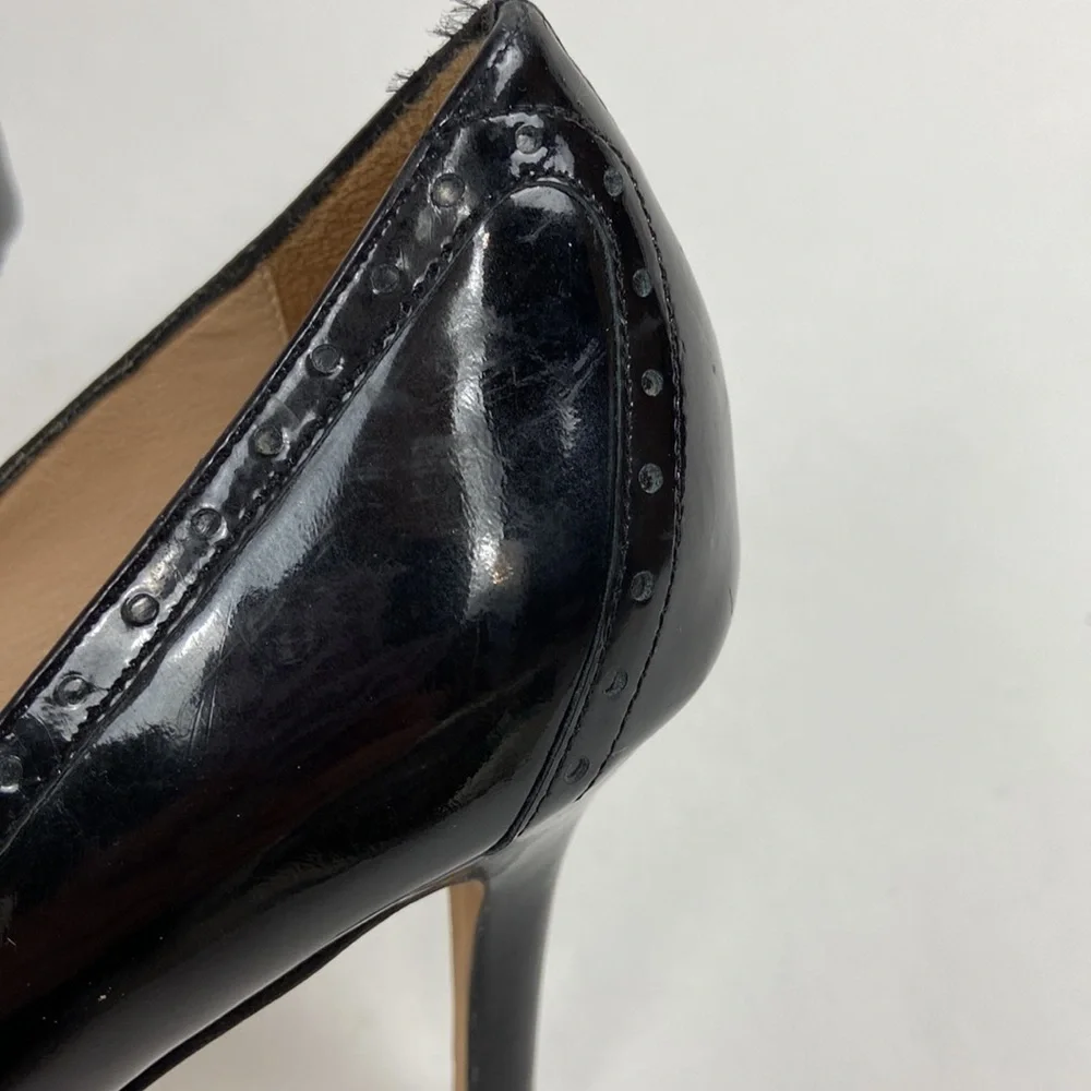 Kate Spade Giselle Oxford Patent Leather Peep Toe Perforated Trim Black Heels